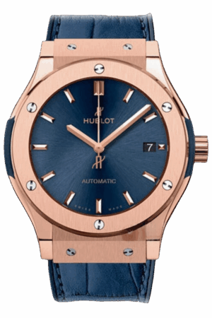 Hublot Classic Fusion Ref. 511.OX.7180.LR Super Clone Watch – King Gold Blue Dial Leather Strap Fake Replica