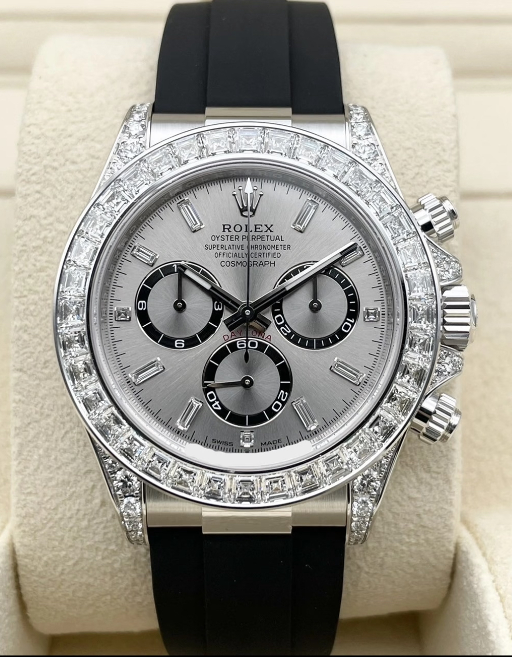 Rolex Daytona 40mm Super Clone Swiss Watch White Gold Diamond Bezel Oysterflex Strap Diamond Paved Dial Ref M126539TBR-0002 4131 Swiss Movement - Image 3