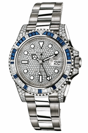 Rolex GMT-Master II Full Pavé Diamond Super Clone Swiss Replica Watch Ref 116759SA-78209 White Gold Case & Bracelet