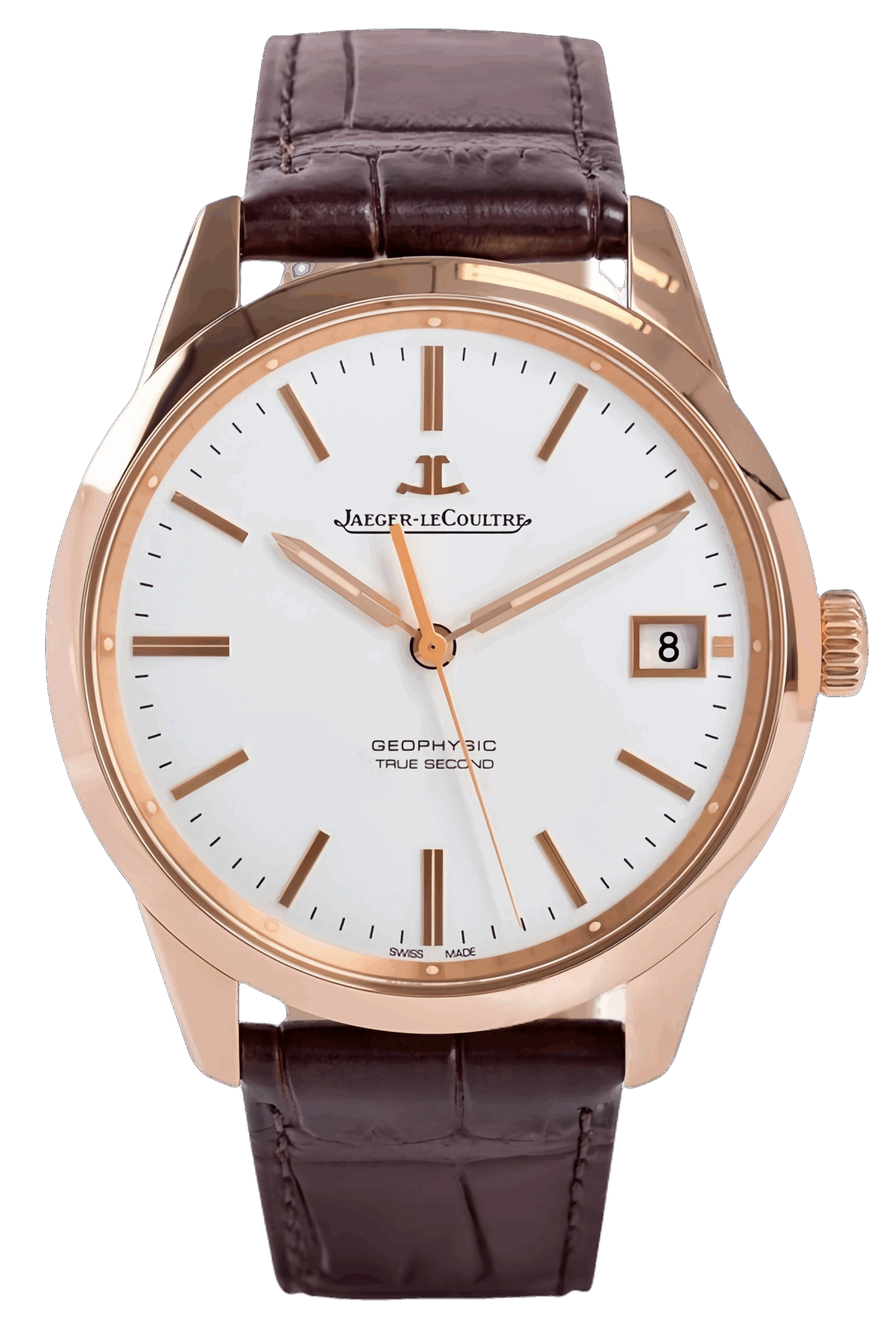 Jaeger-LeCoultre Geophysic True Second Ref. 8012520 Super Clone Watch – Rose Gold Case Silver Dial Leather Strap Fake Replica