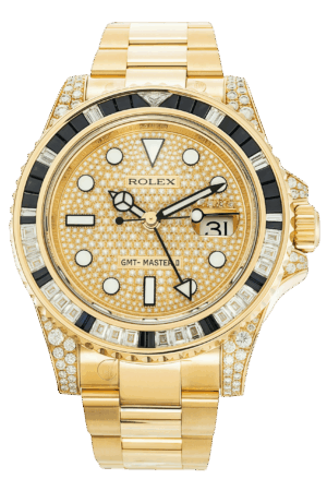 Rolex GMT-Master II Rainbow Bezel Super Clone Swiss Replica Watch Ref 116758SA-78208 Mother of Pearl Dial 18K Yellow Gold