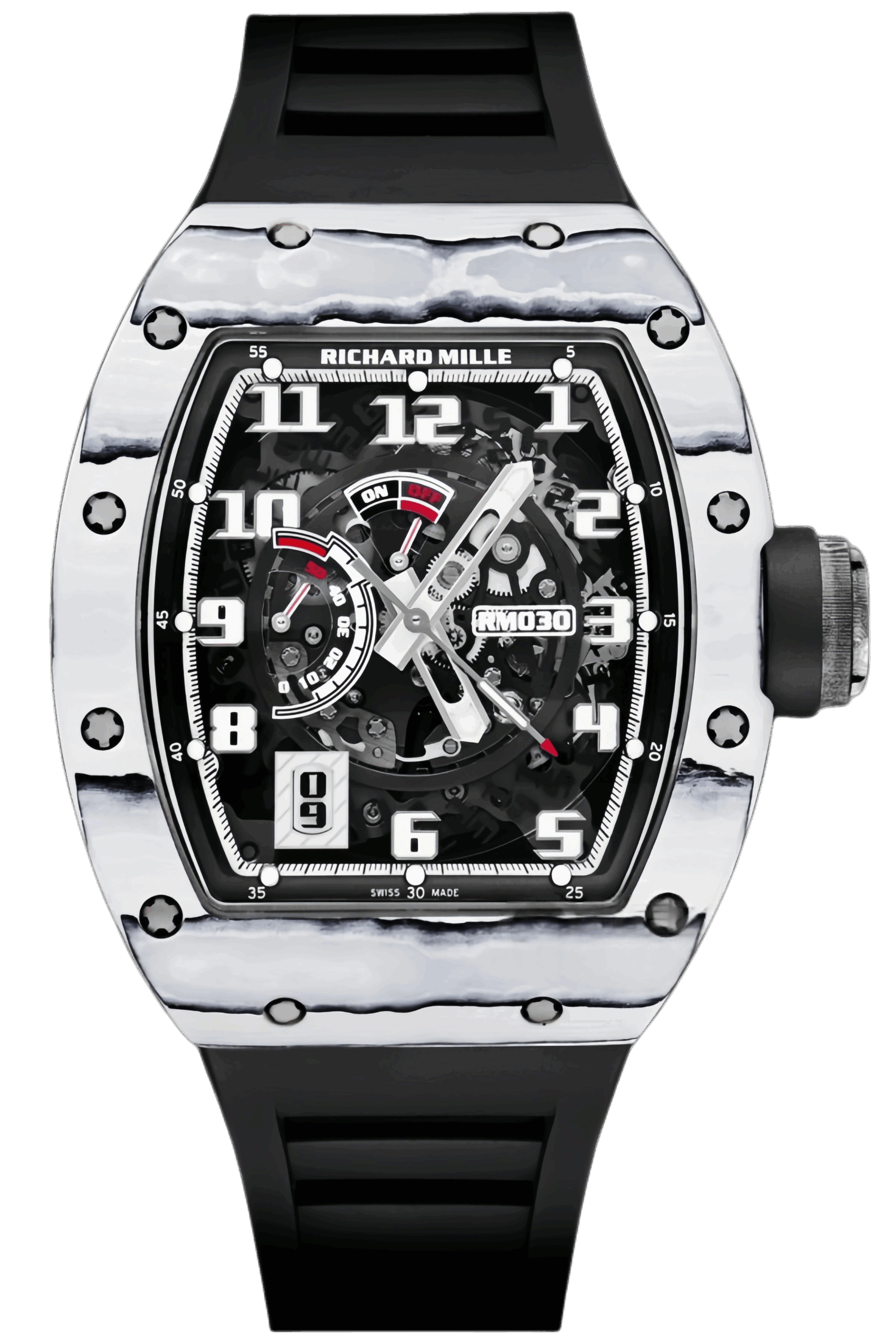 Richard Mille RM 030 White Carbon Fiber Super Clone Watch – Tonneau Skeleton Dial Replica