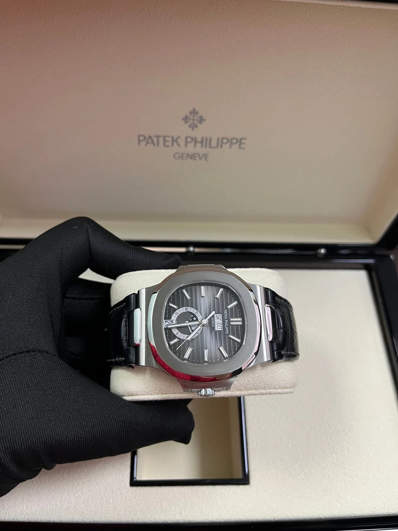 Patek Philippe Nautilus 5726A-001 Super Clone – Moon Phase Black Dial on Leather Strap - Image 7