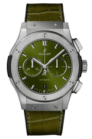 Hublot Classic Fusion Ref. 541.NX.8970.LR Super Clone Watch – Titanium Green Dial Chronograph Leather Strap Fake Replica