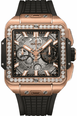 Hublot Square Bang Unico Ref. 821.OX.0180.RX.1204 Super Clone Watch – King Gold Skeleton Dial Rubber Strap Fake Replica