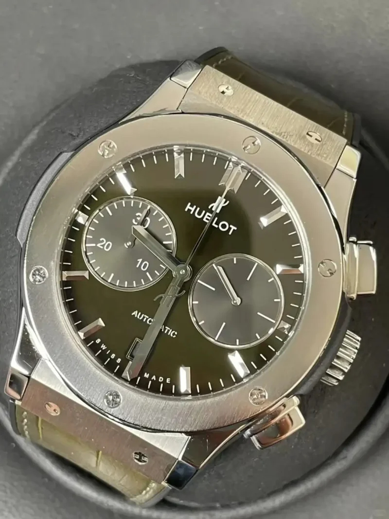 Hublot Classic Fusion Ref. 541.NX.8970.LR Super Clone Watch – Titanium Green Dial Chronograph Leather Strap Fake Replica - Image 3