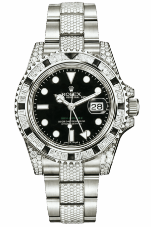 Rolex GMT-Master II Black Sapphire Bezel Full Diamond Super Clone Swiss Replica Watch Ref 116759SANR-74769BRIL White Gold