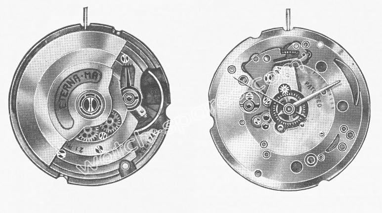 Close-up of ETA-based super clone movement showing gears and balance wheel details.