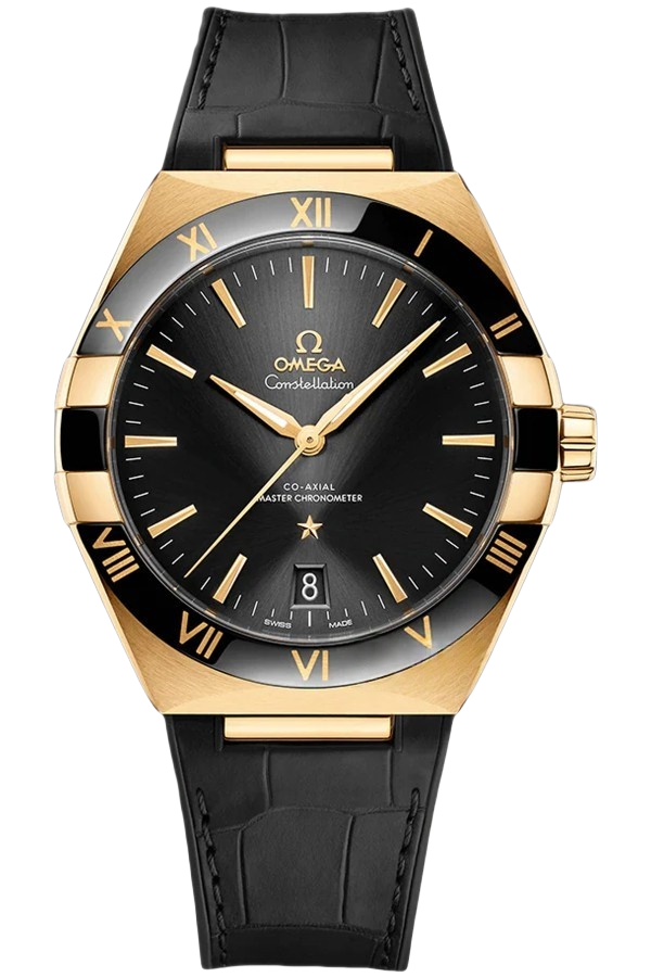 Omega Constellation Ref. 131.63.41.21.01.001 Super Clone Watch – Black Dial Rose Gold Case Leather Strap Fake Replica