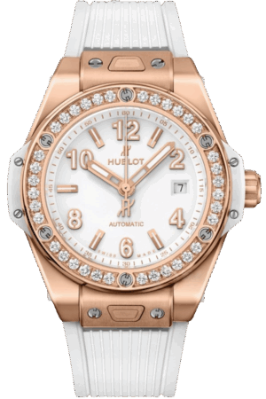 Hublot Big Bang Ref. 485.OE.2080.RW.1204 Super Clone Watch – King Gold Diamond Bezel White Rubber Strap Fake Replica