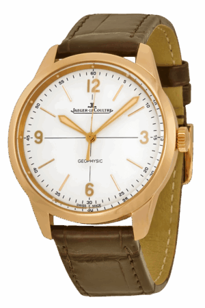 Jaeger-LeCoultre Geophysic True Second Ref. 8002520 Super Clone Watch – White Dial Rose Gold Case Brown Leather Strap Replica