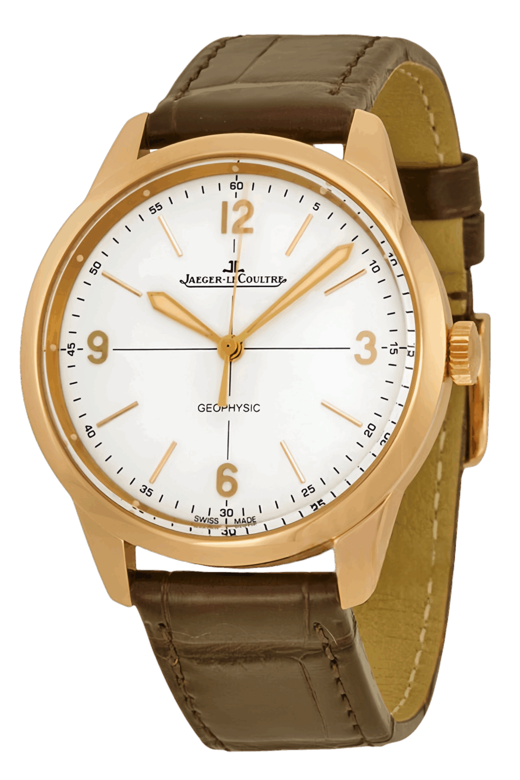 Jaeger-LeCoultre Geophysic True Second Ref. 8002520 Super Clone Watch – White Dial Rose Gold Case Brown Leather Strap Replica