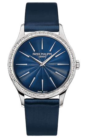 Patek Philippe Calatrava Ref. 4897/300G-001 Super Clone Watch – White Gold Diamond Bezel Blue Dial Fake Replica