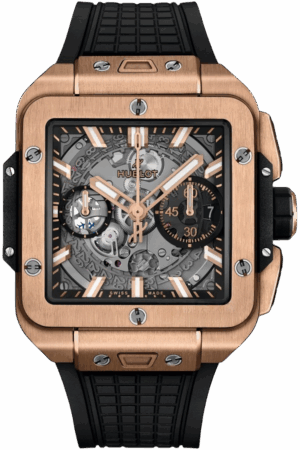 Hublot Square Bang Unico Ref. 821.OX.0180.RX Super Clone Watch – King Gold Skeleton Dial Rubber Strap Fake Replica
