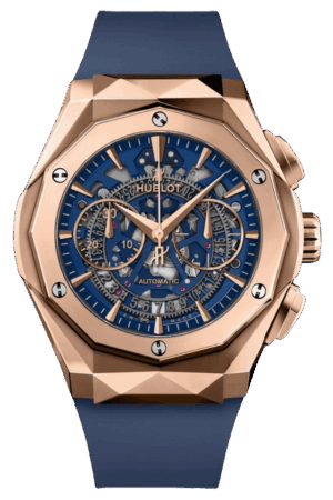 Hublot Classic Fusion Ref. 525.OX.5180.RX.ORL21 Super Clone Watch – King Gold Black Dial Orange Accents Rubber Strap Fake Replica