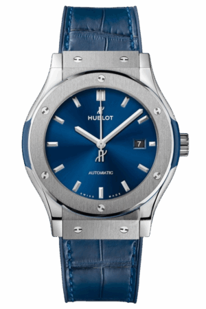 Hublot Classic Fusion Ref. 542.NX.7170.LR Super Clone Watch – Titanium Blue Dial Leather Strap Fake Replica