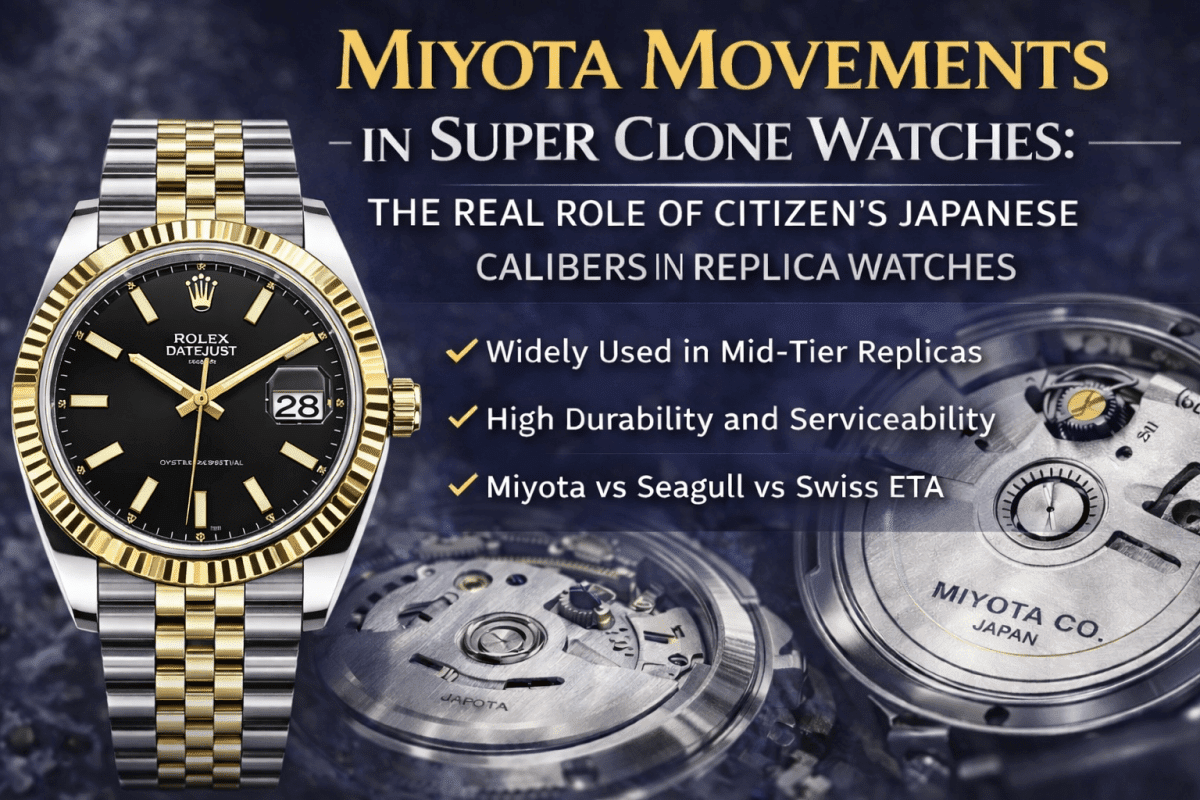 Miyota automatic movement cover image for super clone watches and replica watches, featuring a Rolex Datejust 126333-0014 style two-tone watch and Miyota movement close-up