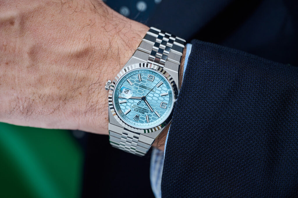 “Rolex Land-Dweller Super Clone worn on wrist, showing 904L steel case, integrated bracelet, and Swiss-grade finishing in real-life wear.”