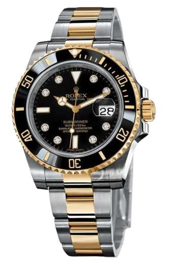 Rolex Submariner Black Dial Diamond Markers Super Clone Swiss Replica Watch Ref 116613-LN-97203 Two-Tone Oyster Bracelet