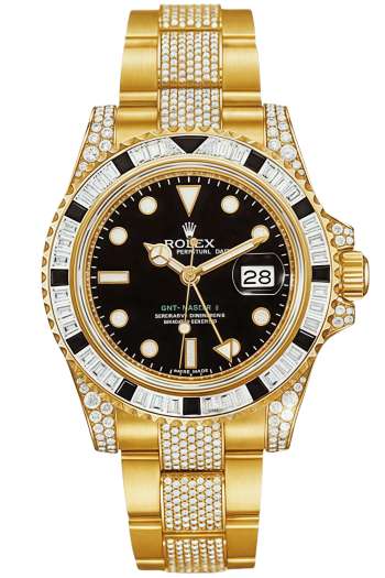 Rolex GMT-Master II Black Sapphire Bezel Full Diamond Super Clone Swiss Replica Watch Ref 116758SANR-74769BRIL