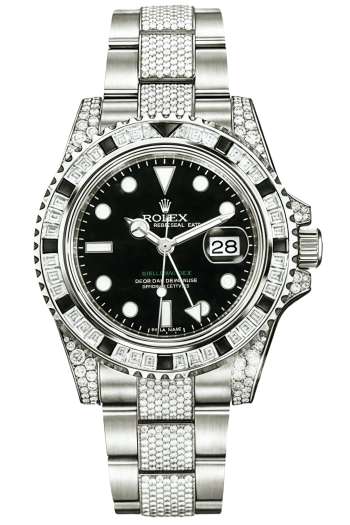 Rolex GMT-Master II Black Sapphire Bezel Full Diamond Super Clone Swiss Replica Watch Ref 116759SANR-74769BRIL White Gold