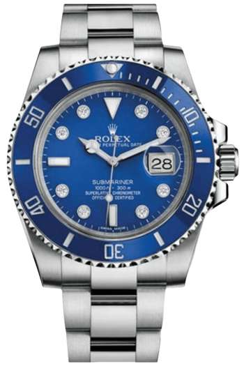 Rolex Submariner Blue Dial Diamond Markers Super Clone Swiss Replica Watch Ref 116619LB-97209 8DI White Gold Oyster Bracelet