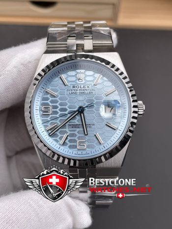 ES Rolex Land Dweller Ice Blue Dial Close Up (Honeycomb Texture)
