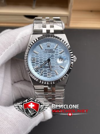 ES Rolex Land Dweller Ice Blue Dial Front View (Full Watch Display)