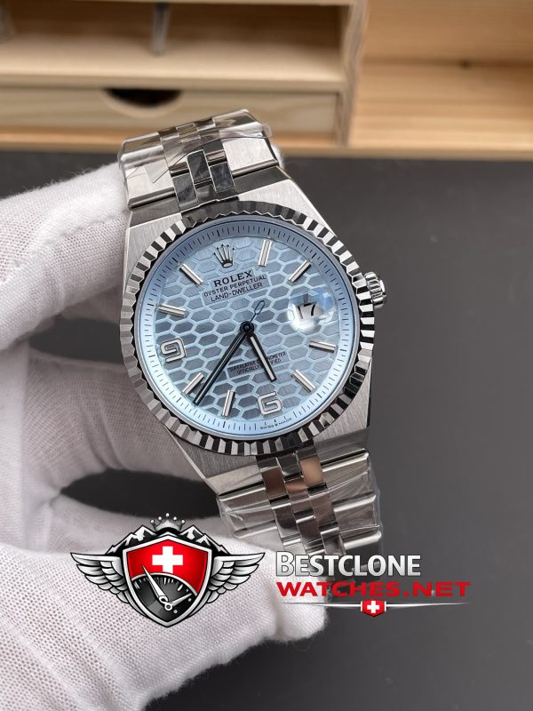 ES Rolex Land Dweller Ice Blue Dial Laser Engraving Detail