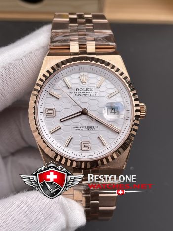 ES Rolex Land Dweller Rose Gold Dial Laser Engraving Detail