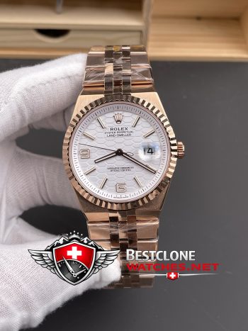 ES Rolex Land Dweller Rose Gold Front View (Full Watch Display)