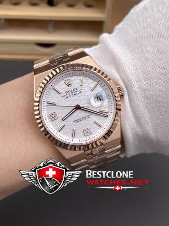 ES Rolex Land Dweller Rose Gold On Wrist Shot