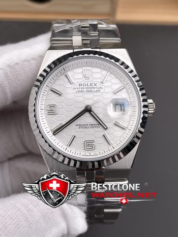 ES Rolex Land Dweller White Dial Close Up (Honeycomb Texture Detail)