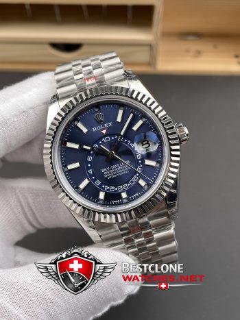 Replica Rolex Sky Dweller Blue Dial Sunburst Detail View