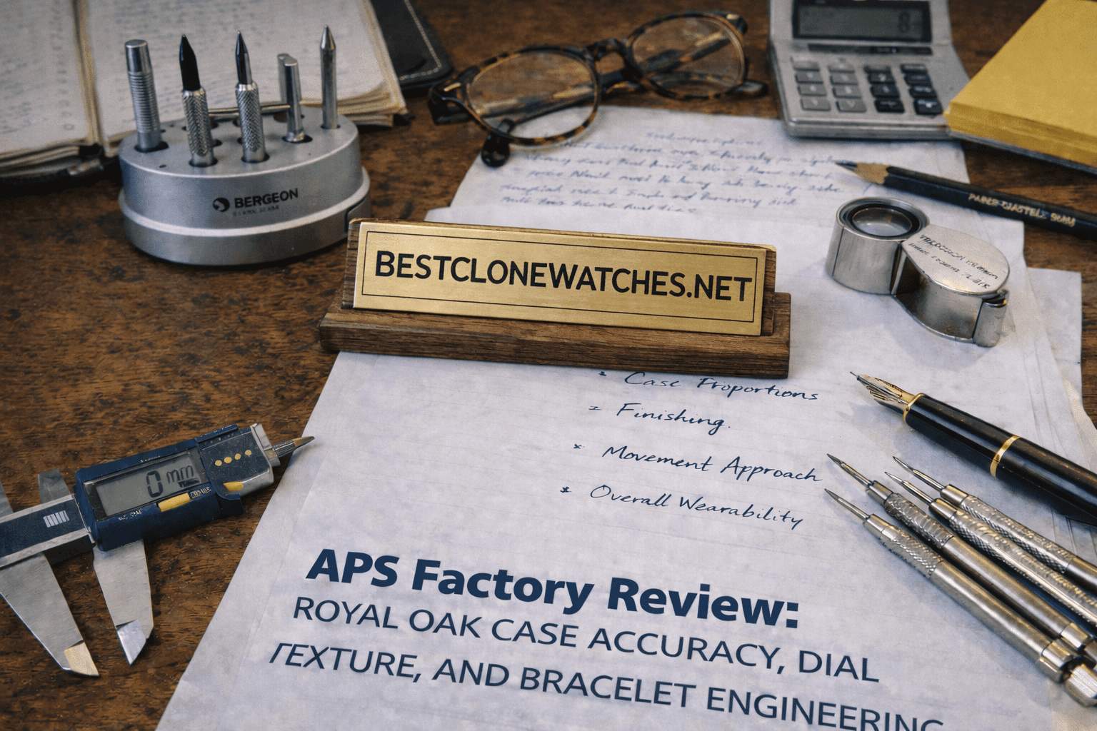 Watchmaking tools arranged on a wooden workbench with a custom BestCloneWatches.net nameplate for an APS Factory technical report