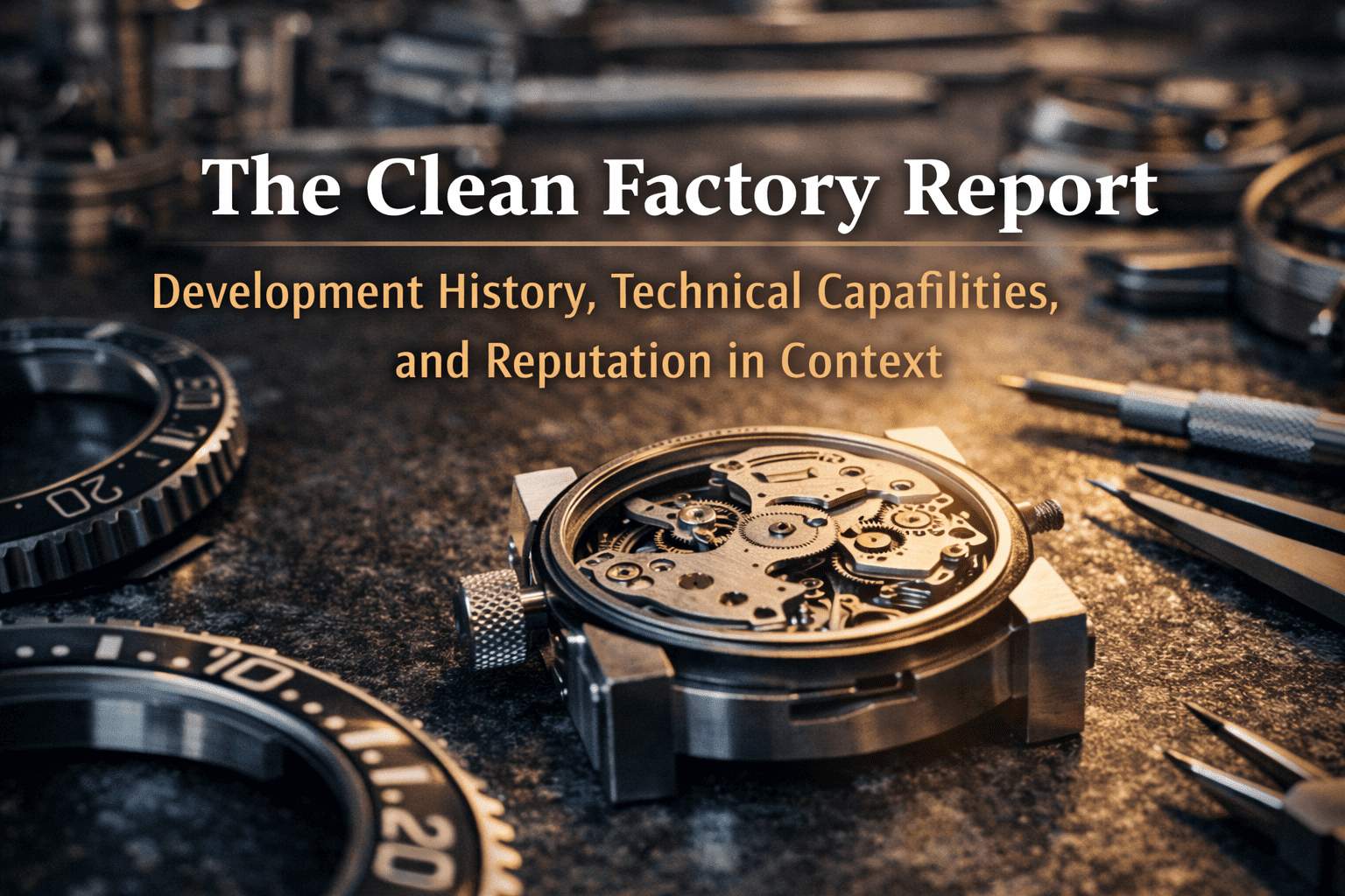 Header image for The Clean Factory Report featuring watch components and technical craftsmanship detail