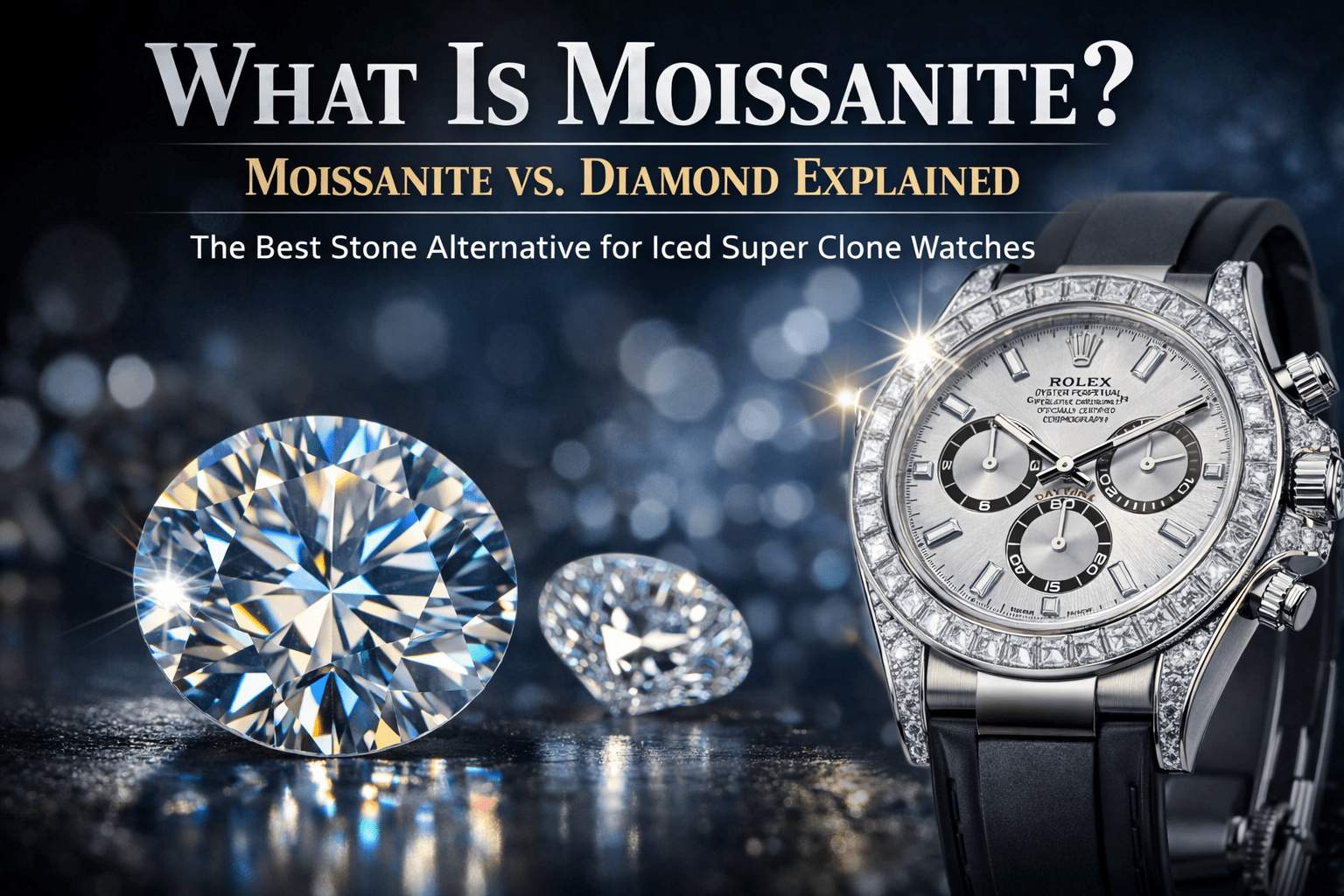 Close-up of moissanite vs diamond next to an iced Daytona-style super clone watch on black rubber strap