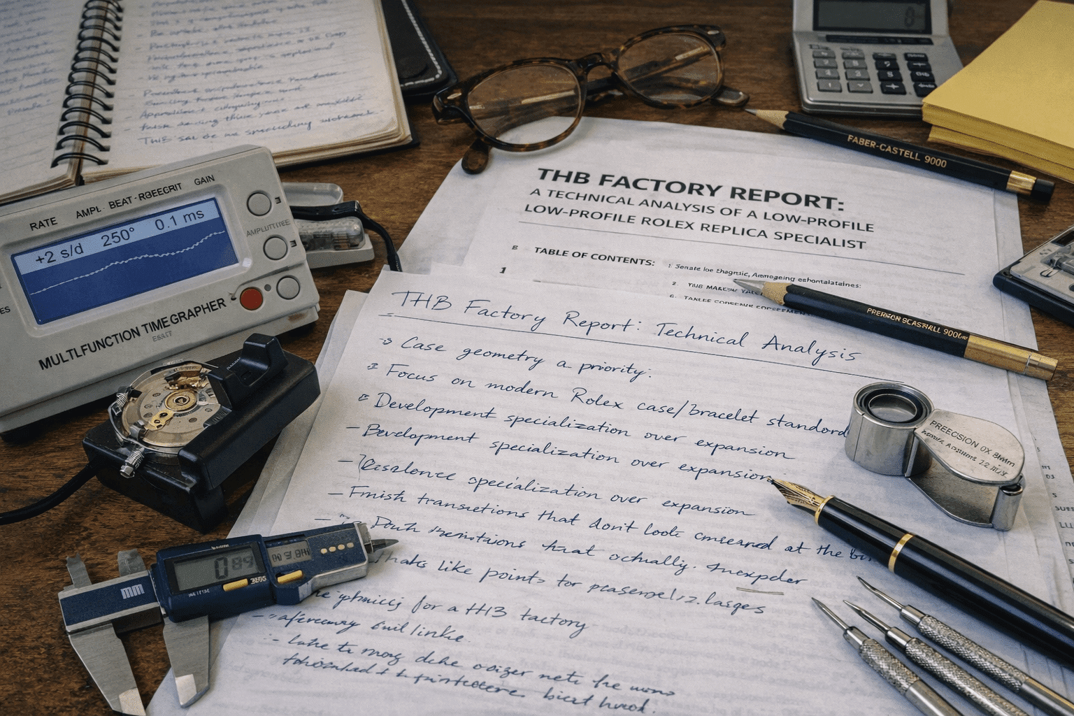 Professional watchmaking tools and ETA movement on handwritten technical notes for a THB Factory analysis report