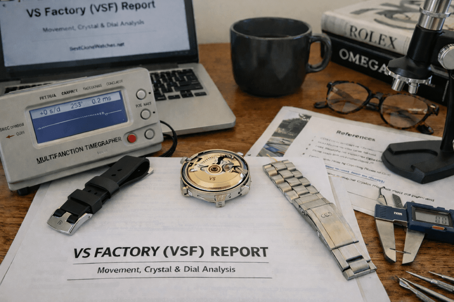 ETA mechanical movement and professional watchmaking tools arranged for a technical VS Factory industry report