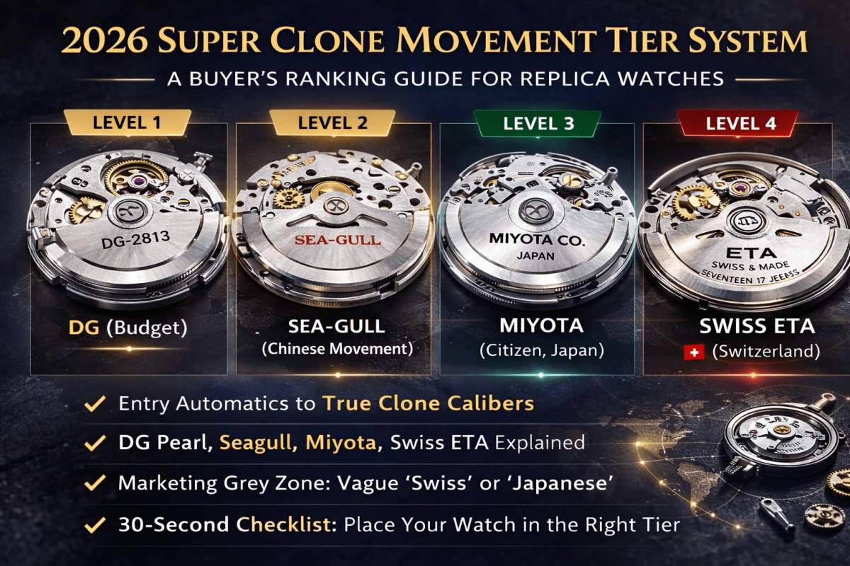 2026 super clone movement tier system infographic comparing Dandong, Seagull, Miyota, and Swiss ETA calibers for replica watches