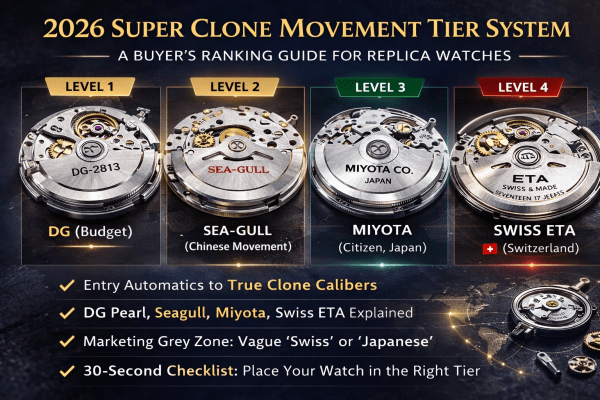 2026 super clone movement tier system infographic comparing Dandong, Seagull, Miyota, and Swiss ETA calibers for replica watches