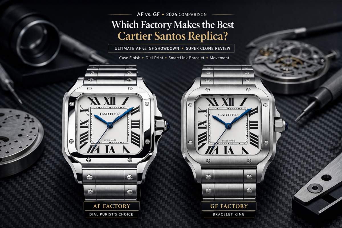 AF vs GF Cartier Santos replica 2026 comparison showing polished AF Factory model and brushed GF Factory model side by side