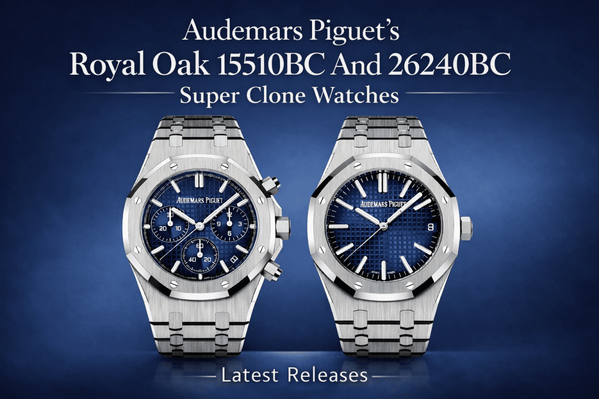 Audemars Piguet Royal Oak 15510BC and 26240BC Super Clone Watches latest releases banner with smoked blue dials and integrated bracelet