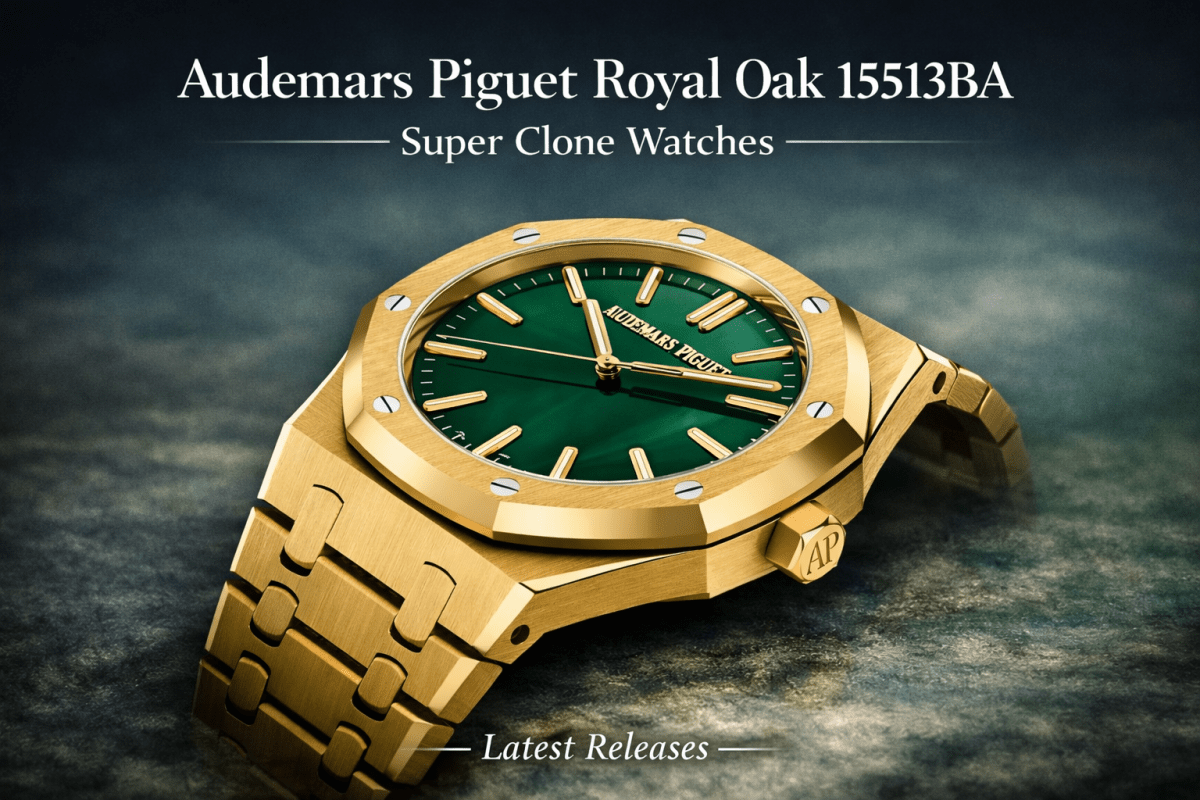 Audemars Piguet Royal Oak 15513BA Super Clone Watches hero banner with yellow-gold case, malachite-style green dial, and “Latest Releases” tag