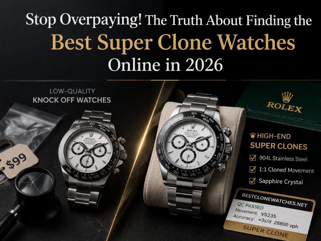 Detailed comparison of a high-end 1:1 super clone watch movement and 904L steel finish against low-quality fake watches.