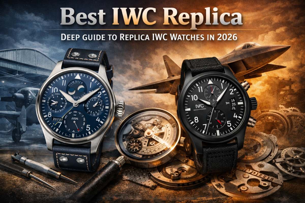 Best IWC replica guide image featuring Big Pilot and Top Gun style watches with aviation and watchmaking elements