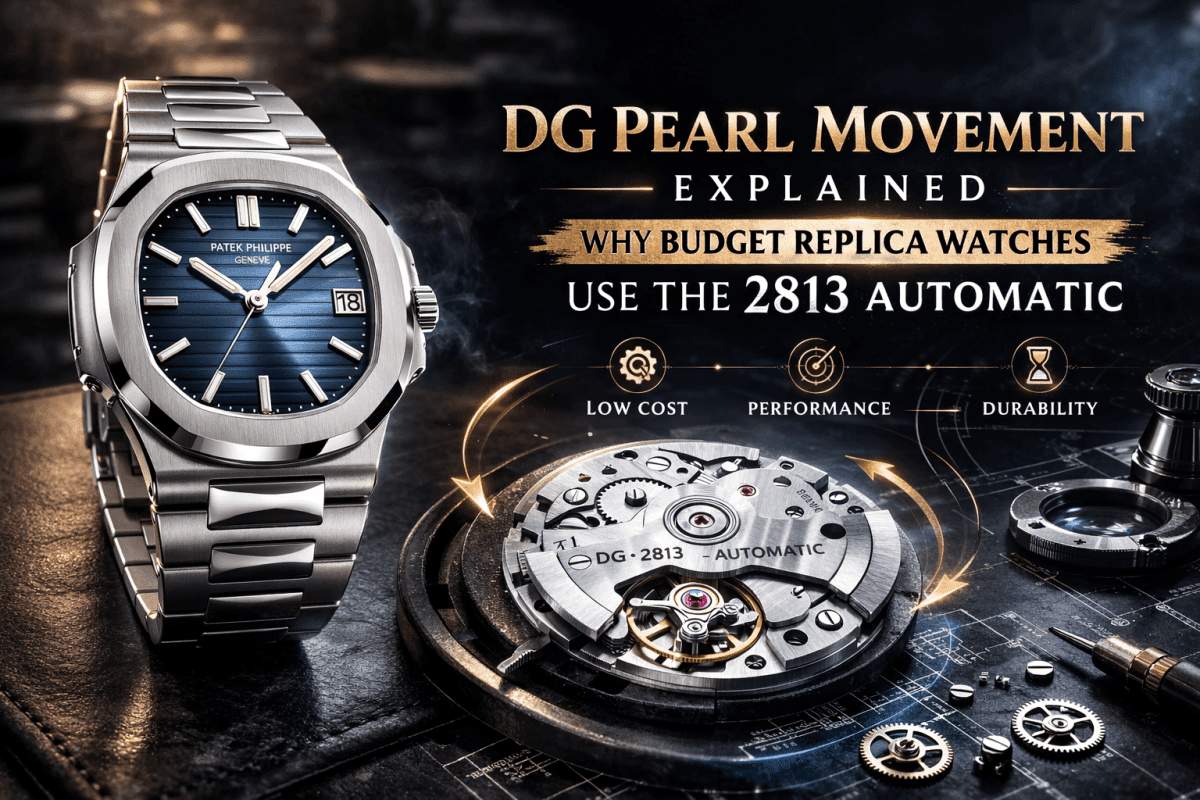 DG Pearl 2813 automatic movement used in budget replica watches shown with Patek Philippe Cubitus 7128/1G-001 style luxury watch