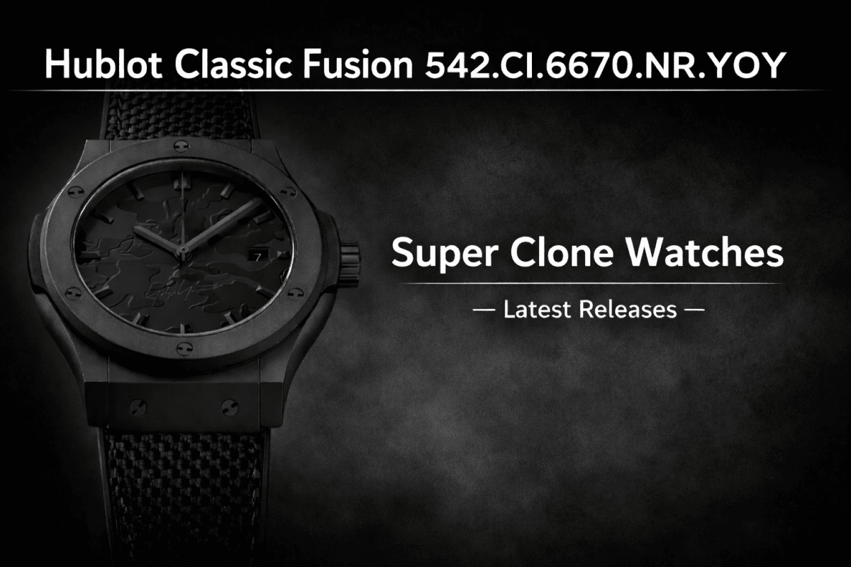 Hublot Classic Fusion 542.CI.6670.NR.YOY Super Clone Watches hero banner with all-black camo dial and “Latest Releases” text