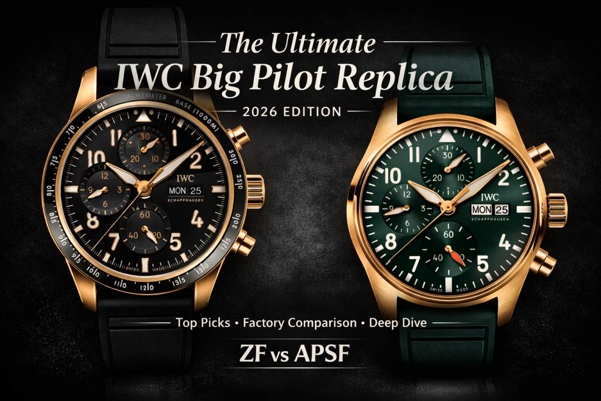 IWC Big Pilot replica 2026 comparison cover showing black and green rose gold pilot watches with ZF vs APSF focus