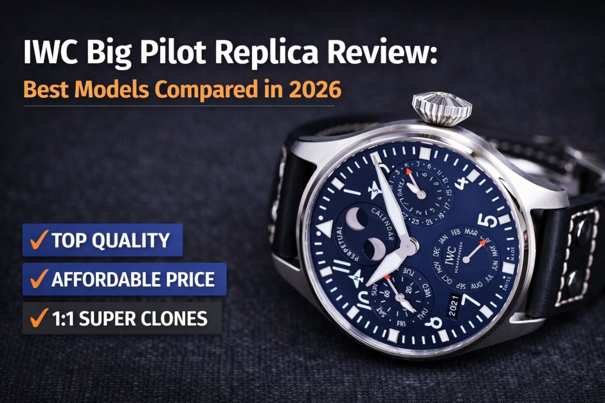 IWC Big Pilot replica review cover image featuring a blue dial pilot watch and best models compared for 2026
